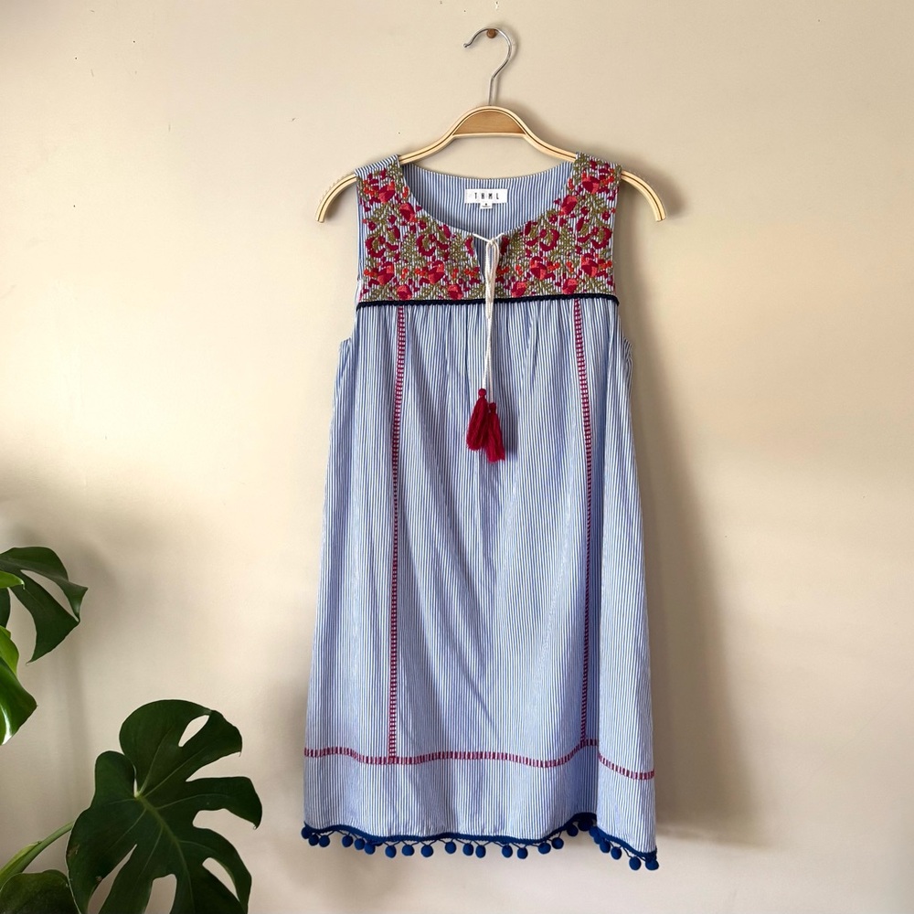 THML Blue Striped Shift Dress Small Embroidered Floral Split V-Neck Pom Pom Hem